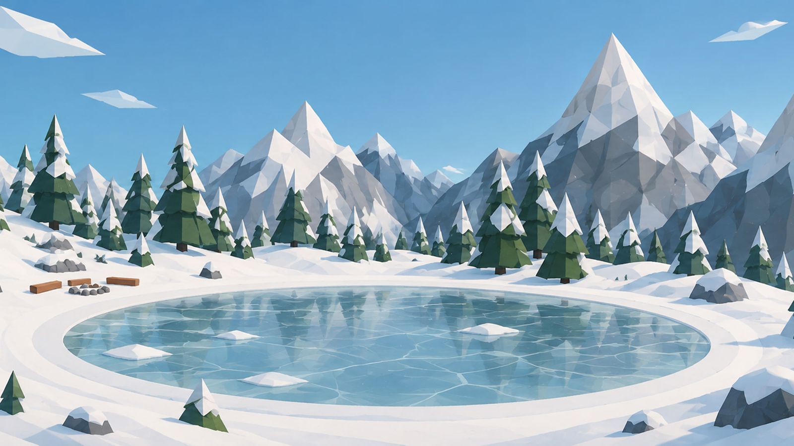 A frozen lake ringed by snowy pines under tall white peaks