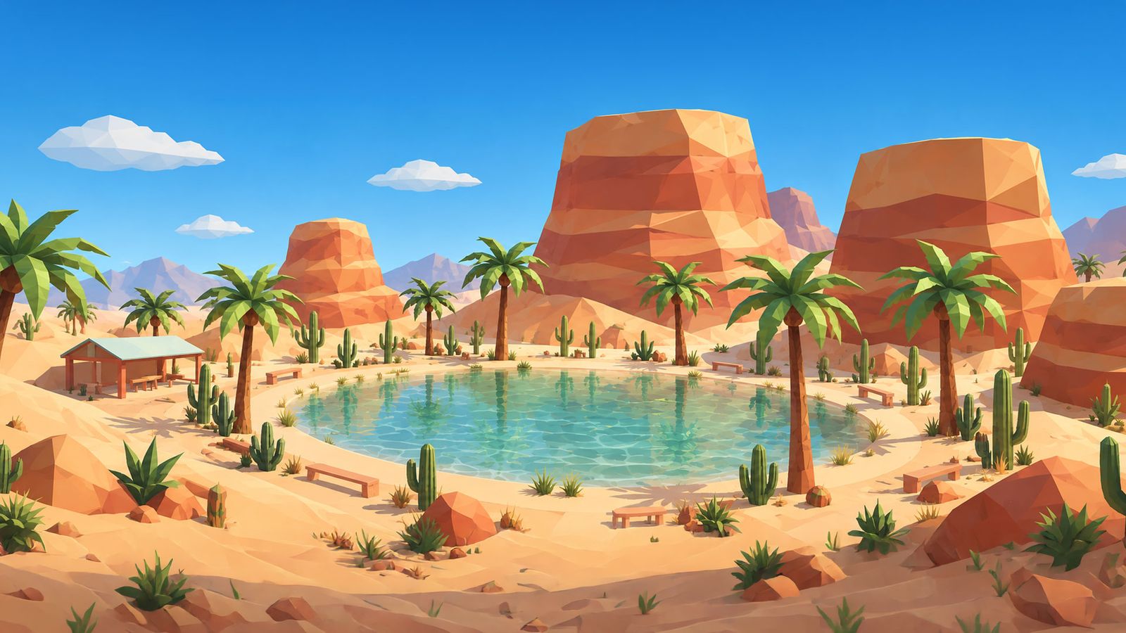 A turquoise oasis ringed by palms and cacti below red mesas