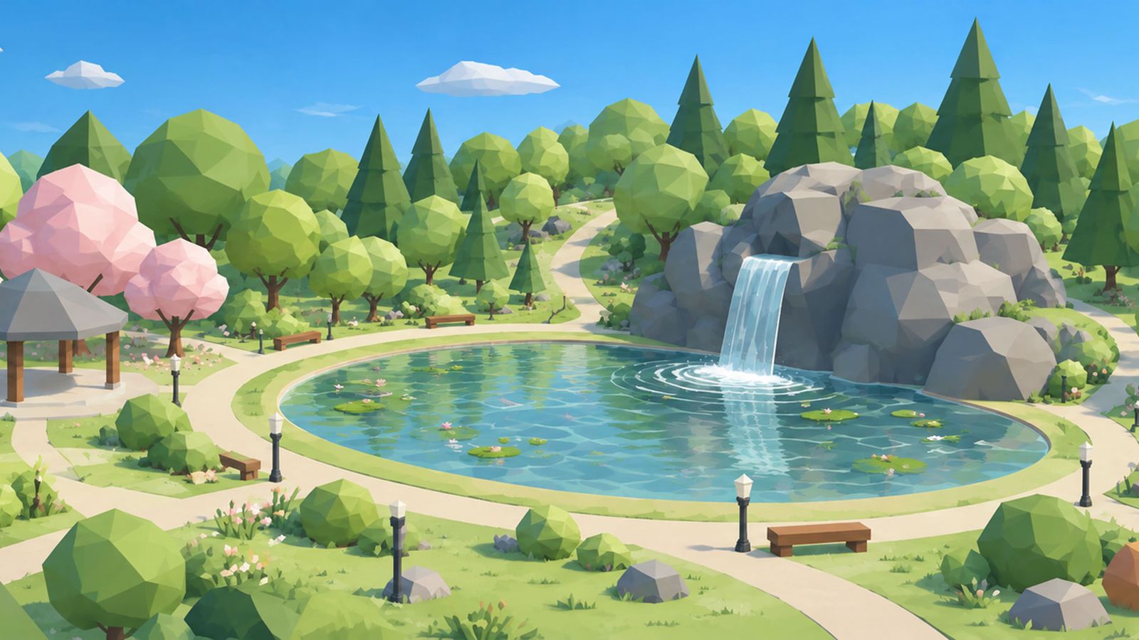 A low-poly garden with a waterfall pouring into a koi pond, cherry blossoms and a pavilion